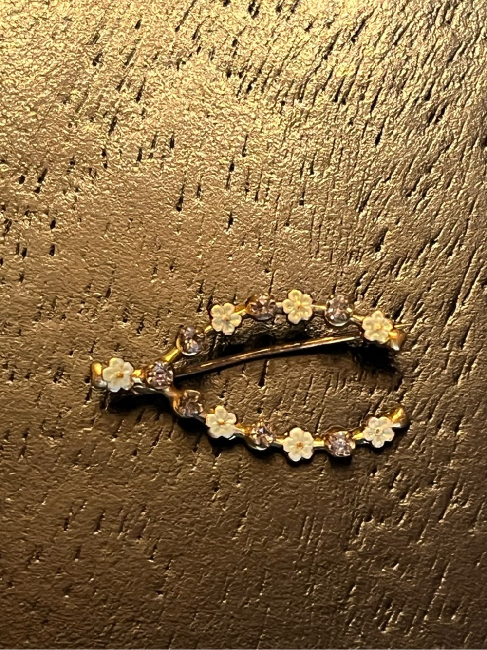 Vintage Tiny Lucky Wishbone Brooch with Pale Green Flowers and Rhinestones